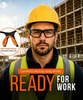 Top Shelf Industrial Safety Glasses With Vibrant Orange Frame Clear Anti Fog Lenses worn by a man on a construction site.