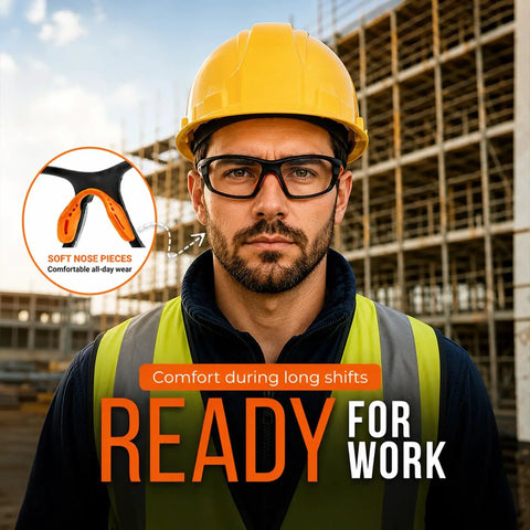 Top Shelf Industrial Safety Glasses With Vibrant Orange Frame Clear Anti Fog Lenses worn by a man on a construction site.