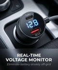 Road Ready Three In One Starlink Mini Car Charger Featuring Slick 36W PD And Quick Charge 18W Adapter; showing real-time voltage monitor display.