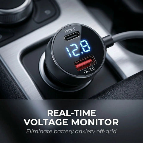 Road Ready Three In One Starlink Mini Car Charger Featuring Slick 36W PD And Quick Charge 18W Adapter; showing real-time voltage monitor display.
