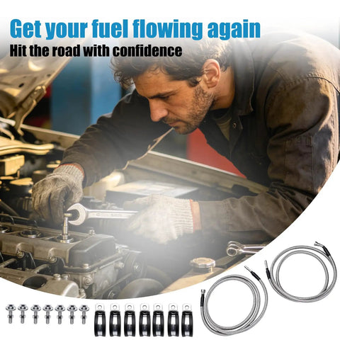 Tough as Nails Stainless Steel Braided Fuel Line Quick Fix Kit Replaces 819-875 Qff0004ss installed in truck engine bay.