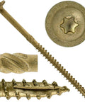 Beefy Five Inch Lag Screw With Exterior Coating Torx Star Drive Heavy Duty Structural Fastener close-up of truss washer head and notched point.