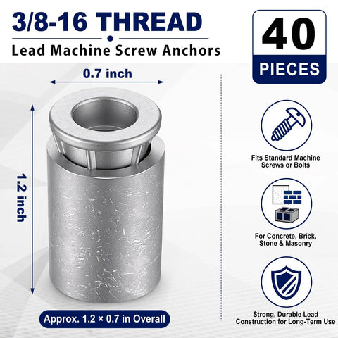 Forty Piece Pack Lead Concrete Anchors With 3/8-16 Inch Thread, heavy duty lead screw anchor, 1.2 inch by 0.7 inch size, for masonry.
