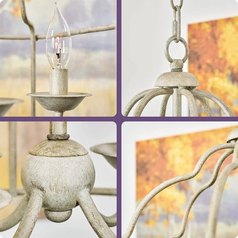 Close-up of French Country 4 Light Chandelier With Adjustable Hanging Height In Sunbleached Oak Finish detailing candle bulb and frame.