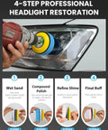 All-In-One Drill Polishing Pad Kit in use for headlight restoration with 78-piece buffing pads set and backing plates.