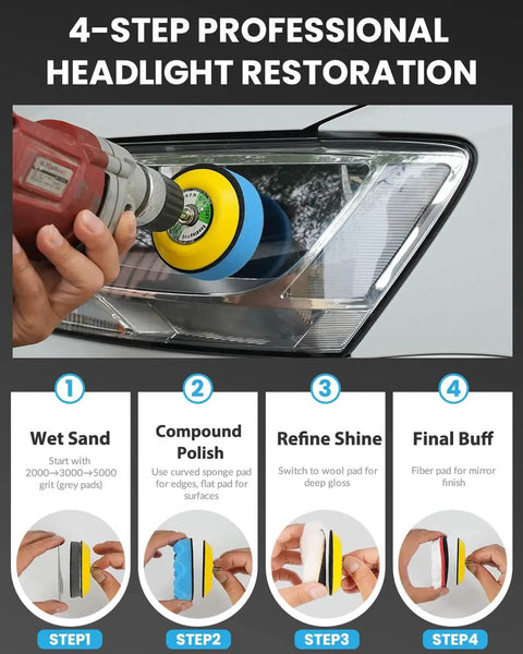 All-In-One Drill Polishing Pad Kit in use for headlight restoration with 78-piece buffing pads set and backing plates.