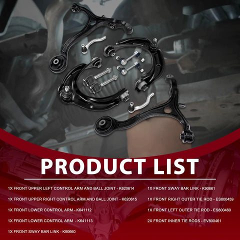 Top Grade Frenzybro Front Suspension Control Arm Kit With Ball Joints And Tie Rods Replaces K641112 K641113 51360Ta0000 For Smooth Rides And Solid Handling On The Road., black control arms and tie rods laid out in a front suspension kit