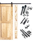 Black Rustic Non-Bypass Sliding Barn Door Hardware Kit For Indoor Use, 44W X 84H, 7.5ft Track, components laid out beside natural wood door