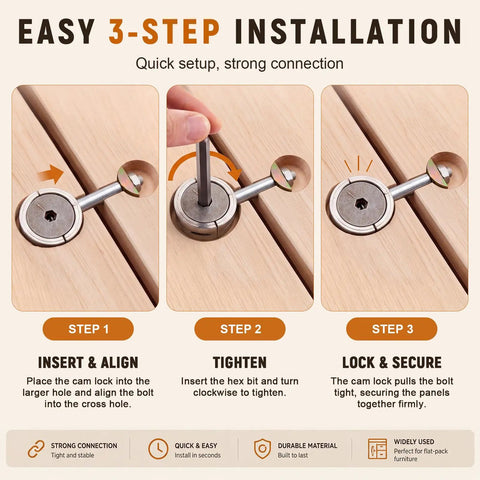 8 Piece Countertop Connector Bolts Kit With Hex Wrench For Fast, Easy Countertop Installations And DIY Friendly Furniture Assembly Includes All Necessary Fasteners, Spare Parts, And Tools For Quick Repairs And Projects., three-step countertop bolt installation on wood panels