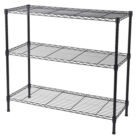 Built Like A Tank Triple Shelf Wire Rack With Sliding Height Adjustments Heavy Load Steel Storage Organizer For Garage Workloads Kitchen Storage And Home Tasks Black Finish with three sturdy wire shelves.