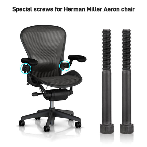 Herman Miller Aeron Arm Bolts Replacement Kit With Hexagon Spanner, 2 Pack, shown with chair and bolts, black alloy steel