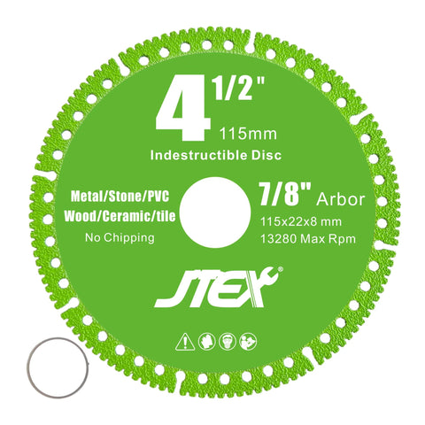 Front view of JTEX 4-1/2 in Indestructible Diamond Disc blade for angle grinder with 7/8 in arbor.