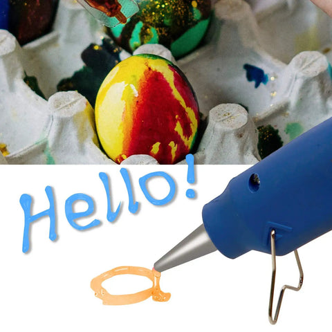 280 Piece Glitter Mini Hot Glue Sticks Set In 14 Colors used for decorating Easter egg and writing 'Hello' with glue gun.