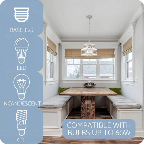 14 Inch Farmhouse Open Drum Pendant Light With Cylinder Glass Shade In White Ash Wood Style And Galvanized Steel Finish hanging in a bright kitchen nook