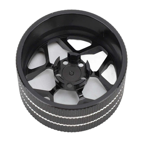 Beefed-Up Metal Transmitter Hand Wheel for RC Steering, durable aluminum upgrade with black anodized finish, top view