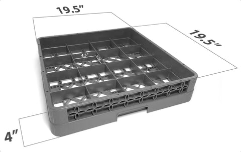 Built Tough Commercial Glass Cup Rack With Sixteen Compartments Dishwasher Safe Design Heavy Duty Storage For Busy Restaurants, gray, dimensions shown.