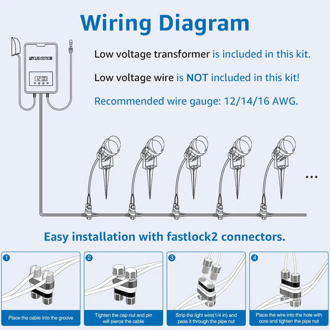 Wiring diagram for 12 Pack RGBW Color Changing Outdoor Landscape Lights Kit With 300W Low Voltage Transformer