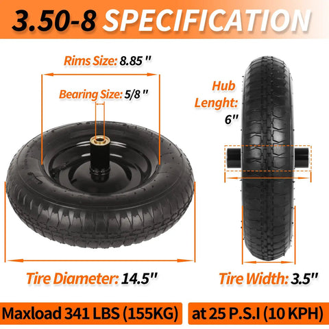Go-To Universal 14.5 Inch Wheelbarrow Tire 3.50-8 with hub, dimensions labeled, side and top views, 5/8 inch bore size.