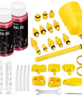 Hydraulic Disc Brake Bleed Kit With 120ml Mineral Brake Fluid Included For Shimano And Tektro No Fuss Setup, showing bottles and tools.