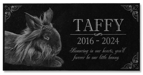 Custom Rabbit Memorial Stone For Outdoor Gardens And Gravesite featuring engraved text and rabbit image on black granite