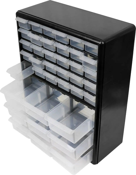 Ultimate Screw Organizer And Hardware Storage Cabinet With 39 Drawers showing translucent drawers for DIY storage.