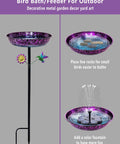 Outdoor 11 Inch Colorful Purple And Blue Metal Bird Bath Freestanding Garden Decor Hummingbird Flower Bowl Feeder For Backyard Birds Yard Art That Pops Weatherproof Sturdy Stand Easy Assembly with purple-blue bowl and flower design