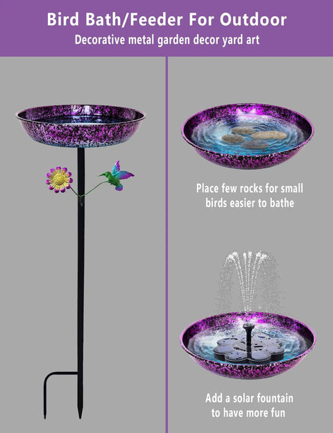 Outdoor 11 Inch Colorful Purple And Blue Metal Bird Bath Freestanding Garden Decor Hummingbird Flower Bowl Feeder For Backyard Birds Yard Art That Pops Weatherproof Sturdy Stand Easy Assembly with purple-blue bowl and flower design