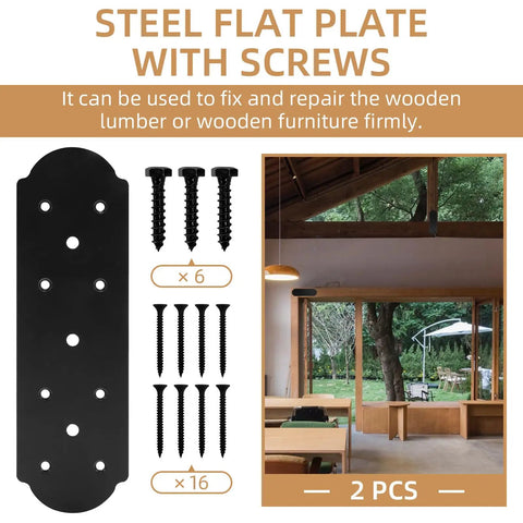 Rock Solid Heavy Duty Steel Flat Brackets, 10 X 3 Inch Mending Plates, Black Powder Coated Steel Joinery Hardware With Screws For Legit Wood Repair And Timber Connectors