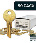 Y11 Brass Key Blanks Uncut Pack Of 50 for Home and Professional Use next to labeled box with USA flag and 50 Pack text