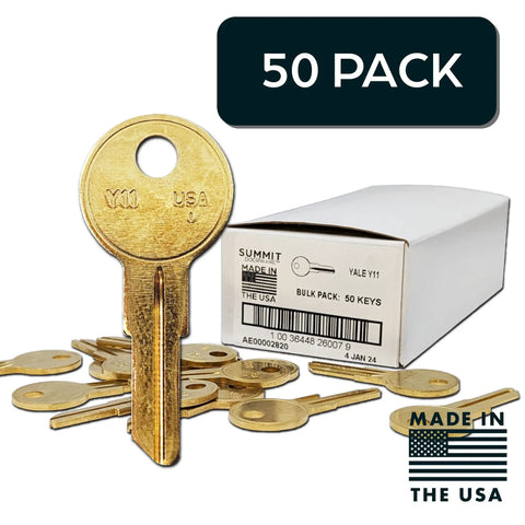 Y11 Brass Key Blanks Uncut Pack Of 50 for Home and Professional Use next to labeled box with USA flag and 50 Pack text