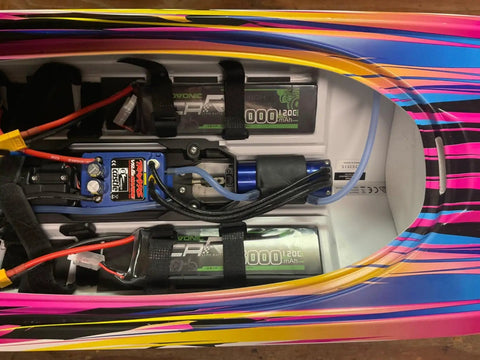 3S LiPo Battery 11.1V 5200mAh 120C With XT60 And TRX Plugs installed in RC boat interior