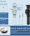 Diagram of quick-install ABS drain dimensions and installation for a sink, featuring measurements and specifications.