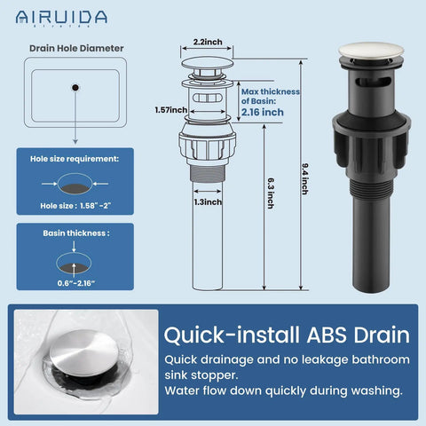 Diagram of quick-install ABS drain dimensions and installation for a sink, featuring measurements and specifications.