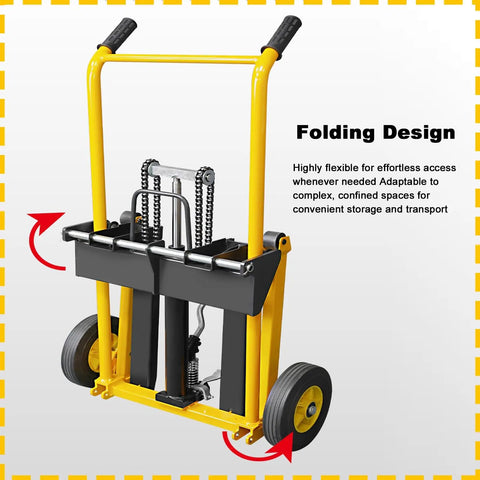 Built Tough Hydraulic Material Lift And Foldable Winch Stacker With Removable Steel Platform, showcasing its foldable design and heavy-duty wheels for transport.