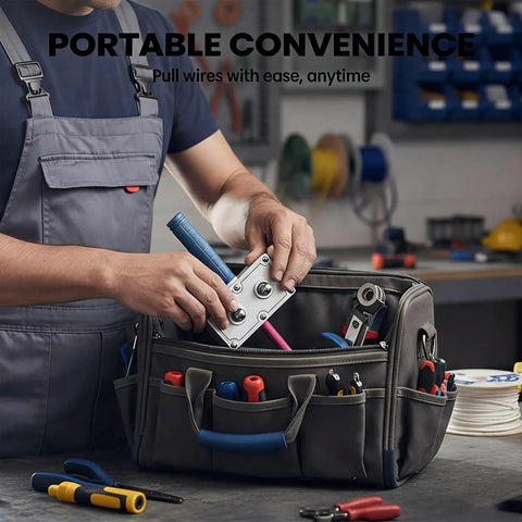 Pro Electrician Wire Pulling Assistant Cable Threading Machine being held in a tool bag, showcasing portability and convenience.
