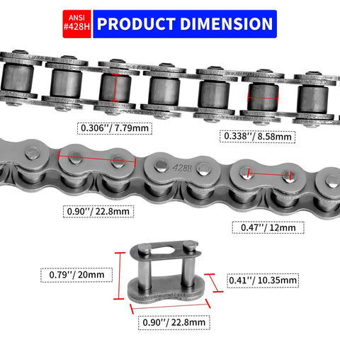 428H Motorcycle Chain 114 Links With Chain Breaker And Five Free Master Links dimensions and measurements diagram