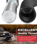 Beefed-Up Front Adjustable Track Bar For Jeep Wrangler JK JKU 2007 Through 2018 Fits 1-6 Inch Lift 1.5 Inch OD Solid Steel Panhard Bar Eliminates Death Wobble Maintenance Free Sealed Bushing Black close-up of threaded steel end and Jeep in water