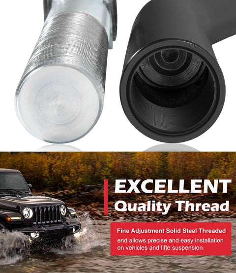 Beefed-Up Front Adjustable Track Bar For Jeep Wrangler JK JKU 2007 Through 2018 Fits 1-6 Inch Lift 1.5 Inch OD Solid Steel Panhard Bar Eliminates Death Wobble Maintenance Free Sealed Bushing Black close-up of threaded steel end and Jeep in water