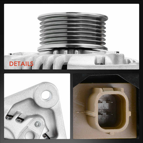 Close-up of Reliable 12V 130Amp Alternator For Honda Accord And Acura TSX 2008-2012 2009-2014 CW 7 groove pulley and connector.
