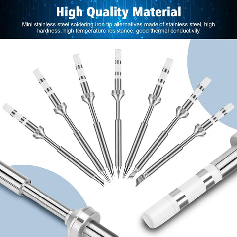 7 Types TS100 Soldering Iron Tips Replacement Kit shown with stainless steel tips for mini digital soldering irons