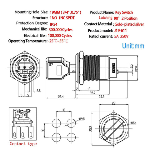 Technical diagram of Three Quarter Inch Key Switch With Metal Locking Housing UL Listed SPDT Two Position 1NO1NC Maintained Latching Rotary On Off Switch for control panels.