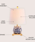 Blue White Ceramic Owl Table Lamp With Linen Shade Cozy Modern Farmhouse Nightstand Light For Bedroom Or Office LED Bulb Included