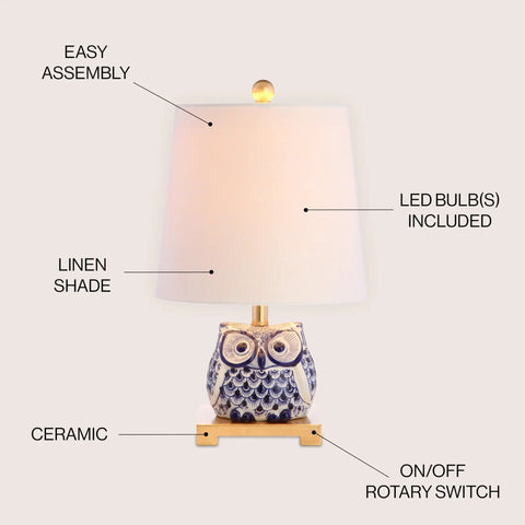 Blue White Ceramic Owl Table Lamp With Linen Shade Cozy Modern Farmhouse Nightstand Light For Bedroom Or Office LED Bulb Included