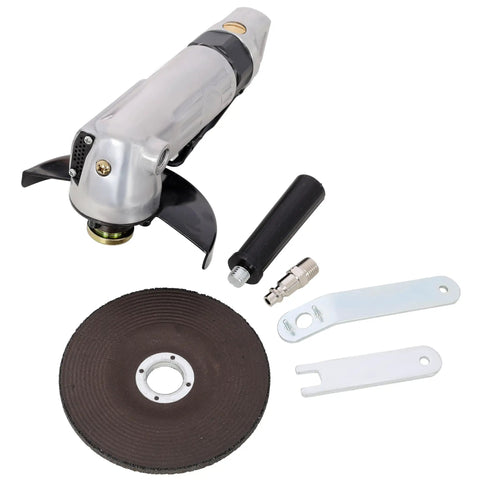 5 Inch Air Angle Grinder And Pneumatic Cut Off Tool With 11000 RPM Spin And 1/4 NPT Inlet components, showing grinder, disc, and wrenches.