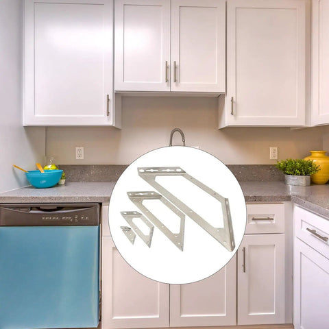 Heavy Duty Stainless Steel Corner Brackets For Furniture Assembly Rust Proof 90 Degree Wood Metal Bracket Kit in a kitchen setting.