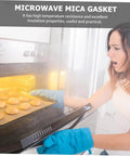 Woman opening oven with cookies, highlighting 10 Pack Mica Plate Sheets For Microwave Oven Cut To Fit Heat Insulation.