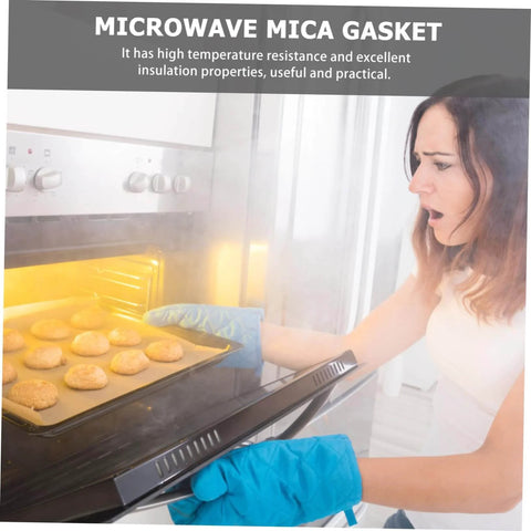 Woman opening oven with cookies, highlighting 10 Pack Mica Plate Sheets For Microwave Oven Cut To Fit Heat Insulation.