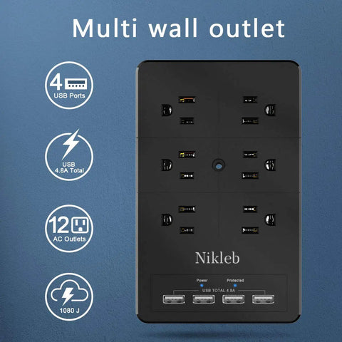 Beefed Up Heavy Duty Surge Protector Wall Charger With 12 Wide AC Outlets And 4 USB Ports, product front view