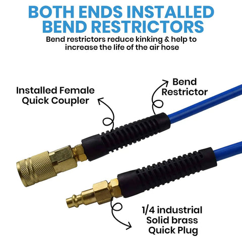 3/8 Inch Air Hose 50 Foot Pro Grade Heavy Duty Hybrid Compressor Hose With Flexible Lightweight Build, Kink Resistant, Bend Restrictors, 1/4 Inch Industrial Quick Coupler Fittings, All Weather Blue close-up view with bend restrictors