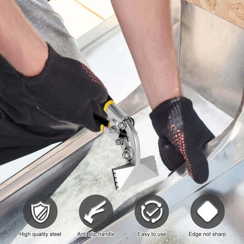 Person using Pro Grade 3 Inch Curved Jaw Offset Hand Seamer for bending sheet metal